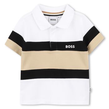 Younger Boys White, Black & Beige Logo Polo Shirt