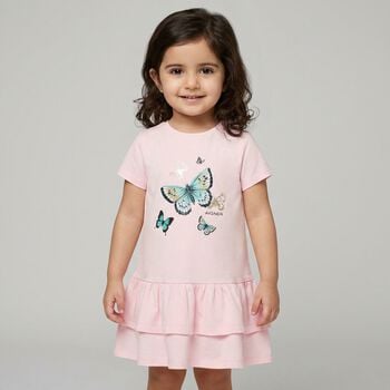 Younger Girls Pink Butterflies Logo Dress