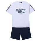 Boys White & Navy Blue Shorts Set, 1, hi-res