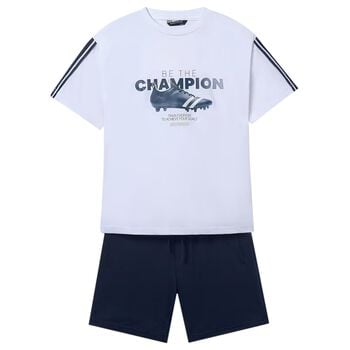 Boys White & Navy Blue Shorts Set