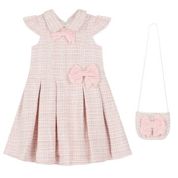 Girls Pink & Ivory Bow Dress & Bag Set