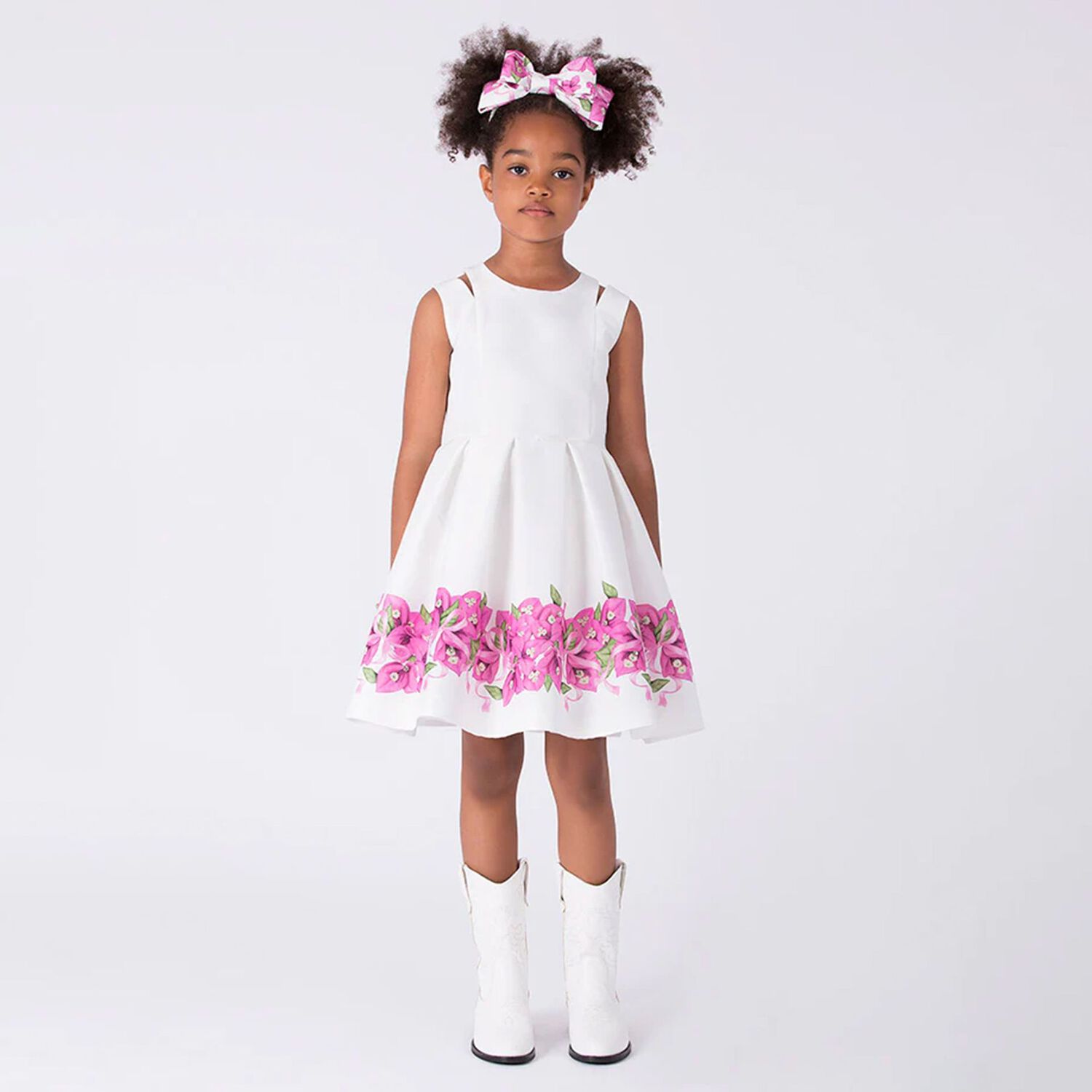 Girls White Floral Pleated Dress, 1, hi-res