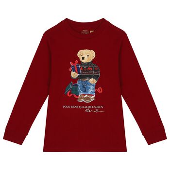 Boys Red Polo Bear Long Sleeve Top