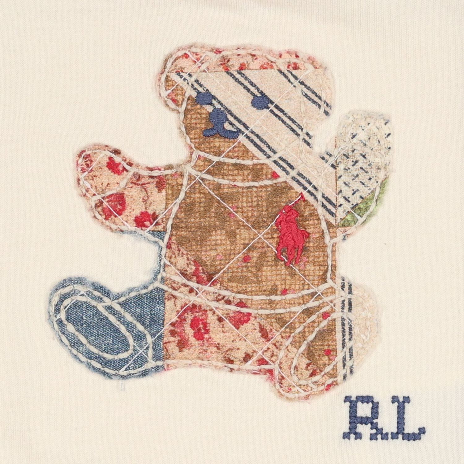 Baby Girls Beige Patchwork Bear Bodysuit, 1, hi-res