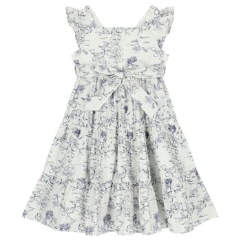 Girls White & Navy Blue Bow Dress