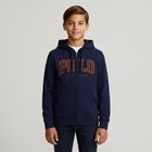 Boys Navy Blue Logo Hooded Zip Up Top, 2, hi-res