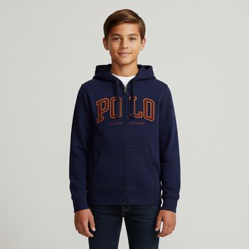 Boys Navy Blue Logo Hooded Zip Up Top, 2 Boys Navy Blue Logo Hooded Zip Up Top