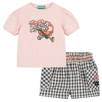 Younger Girls Pink, White & Grey Floral Shorts Set