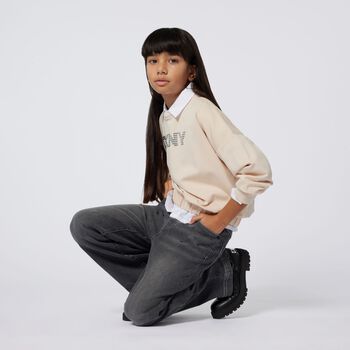 Girls Beige Logo Embellished Sweatshirt