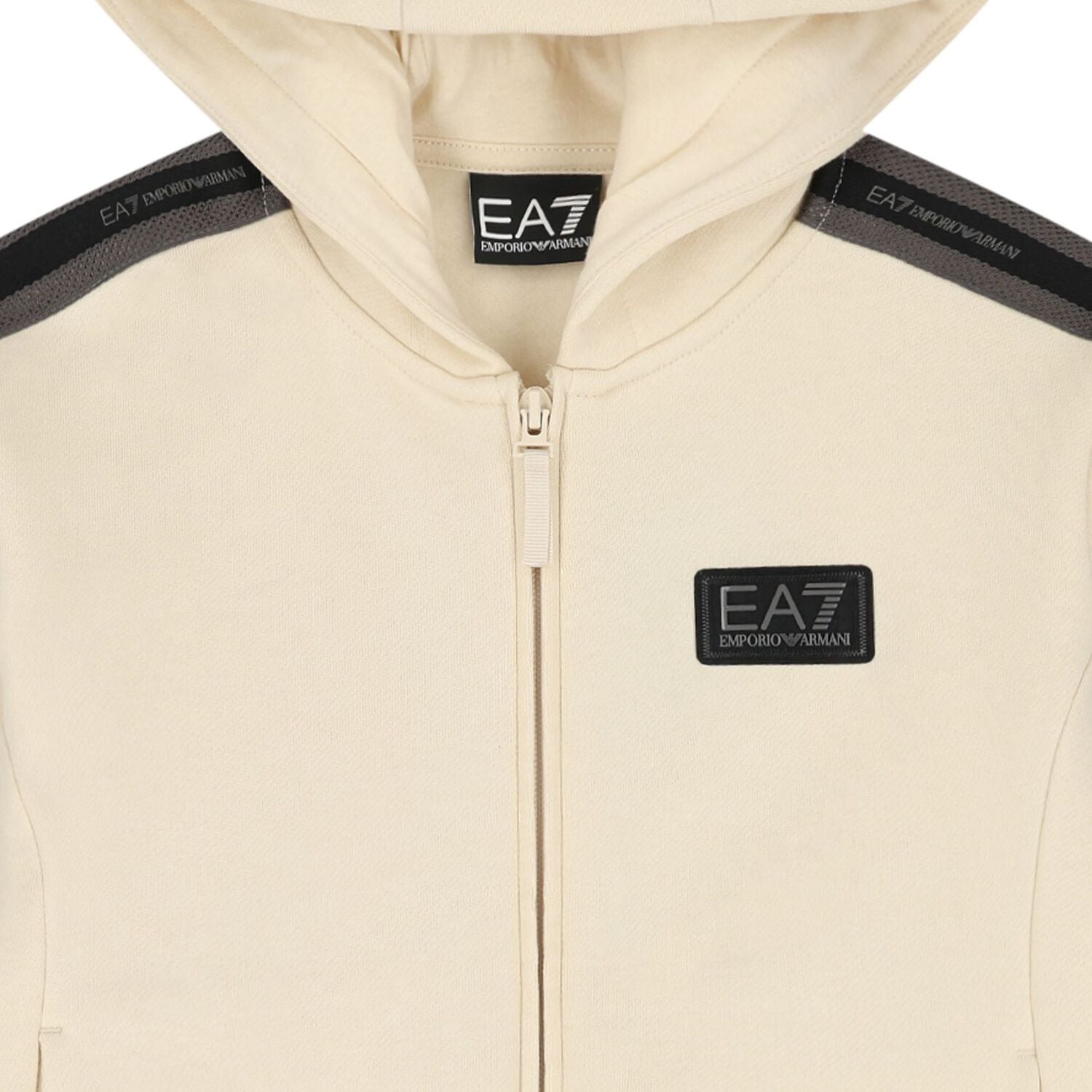 Boys Beige & Black Logo Hooded Zip Up Top , 1, hi-res