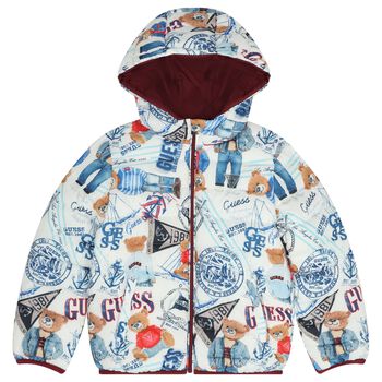 Boys White & Blue Logo Padded Puffer Jacket