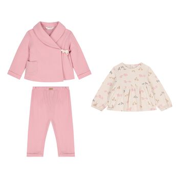 Baby Girls Pink & Beige Animals 3 Piece Trousers Set 