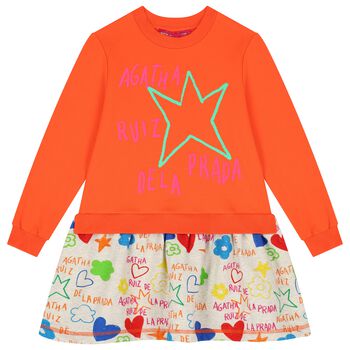 Girls Orange & Grey Star Dress