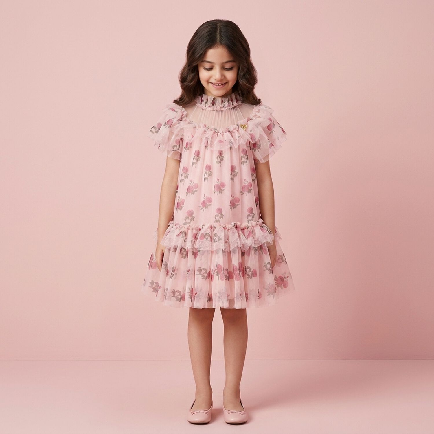 Girls Pink Floral Tulle Dress, 1, hi-res