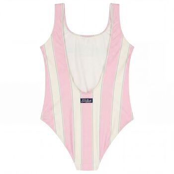 Girls Pink & Ivory Striped Logo Swimsuit
