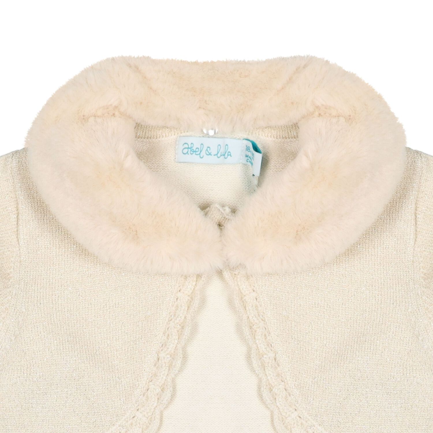 Younger Girls Beige Faux Fur Collar Cardigan, 1, hi-res