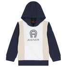 Boys Navy Blue & White Logo Hooded Top, 1, hi-res