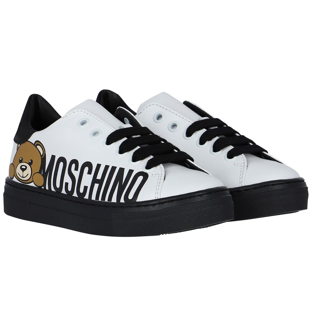 Moschino White u0026 Black Logo Leather Trainers | Junior Couture USA