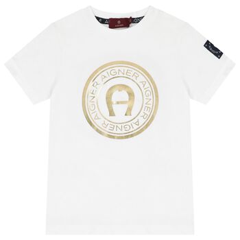 Aigner Boys White & Gold Logo T-Shirt, 1 Boys White & Gold Logo T-Shirt