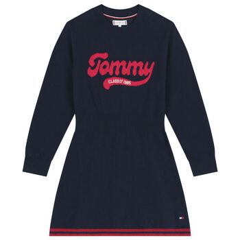 Girls Navy Blue Logo Knitted Dress