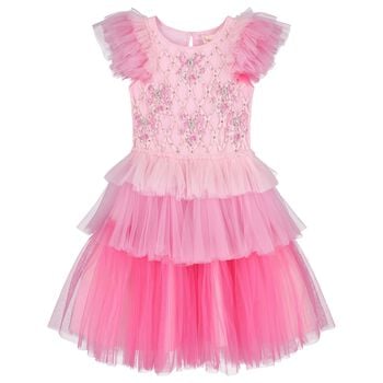 Girls Pink Embellished Ruffle Tulle Dress