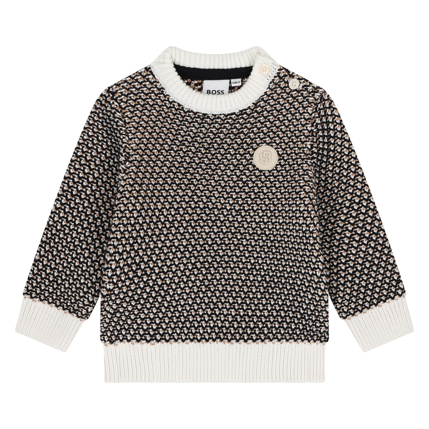 Younger Boys Black, Beige & Ivory Logo Knitted Jumper, 1, hi-res