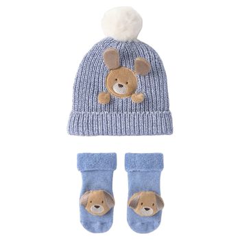 Baby Boys Blue Puppy Knitted Hat & Socks Set