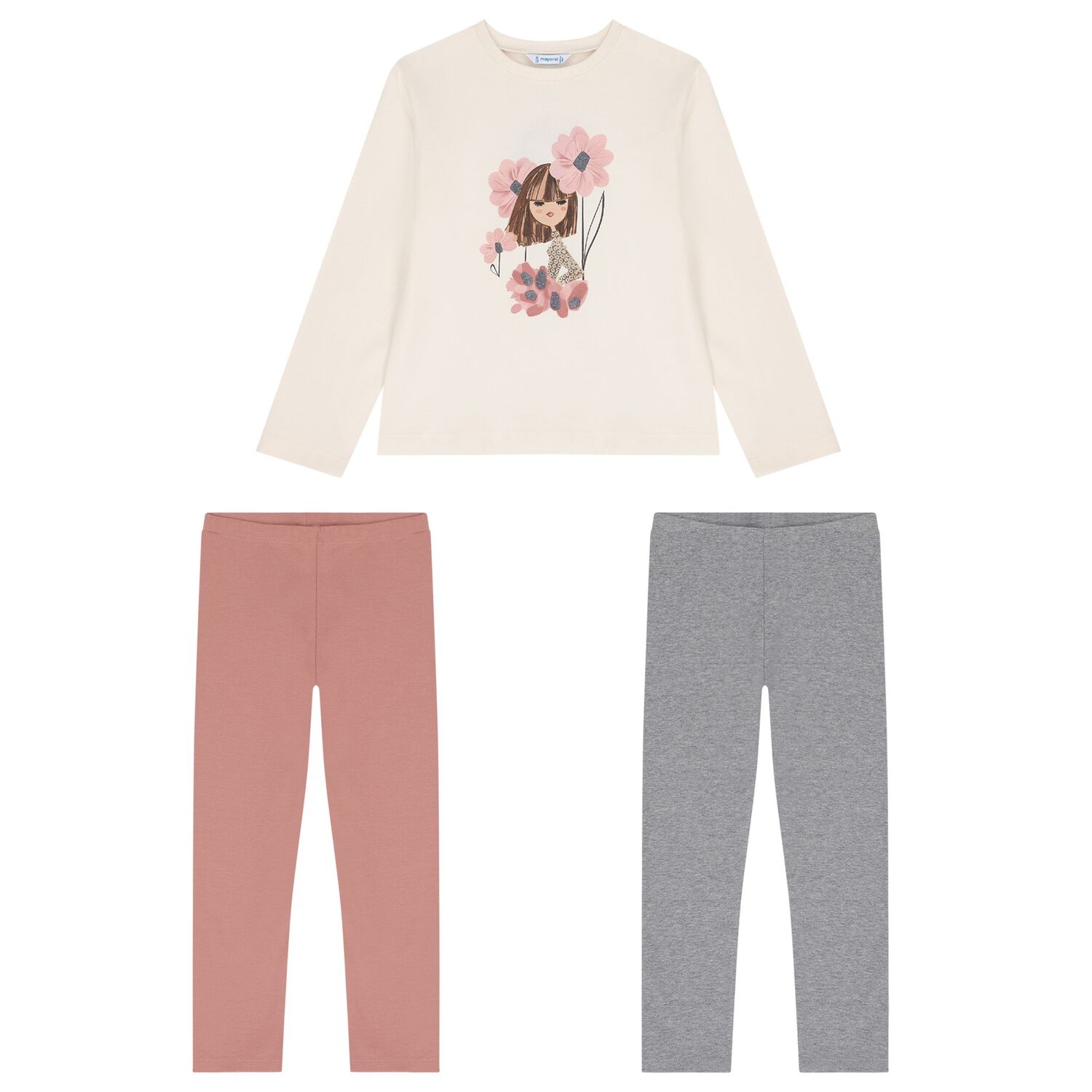 Girls Ivory, Pink & Grey Leggings Set, 3, hi-res