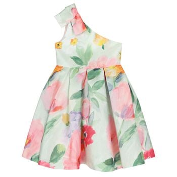 Girls Green Floral Pleated Dress