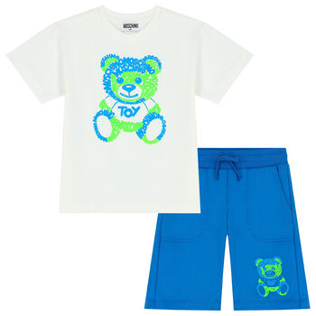 Boys White & Blue Teddy Logo Shorts Set