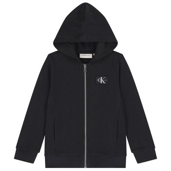Boys Black Logo Hooded Zip Up Top