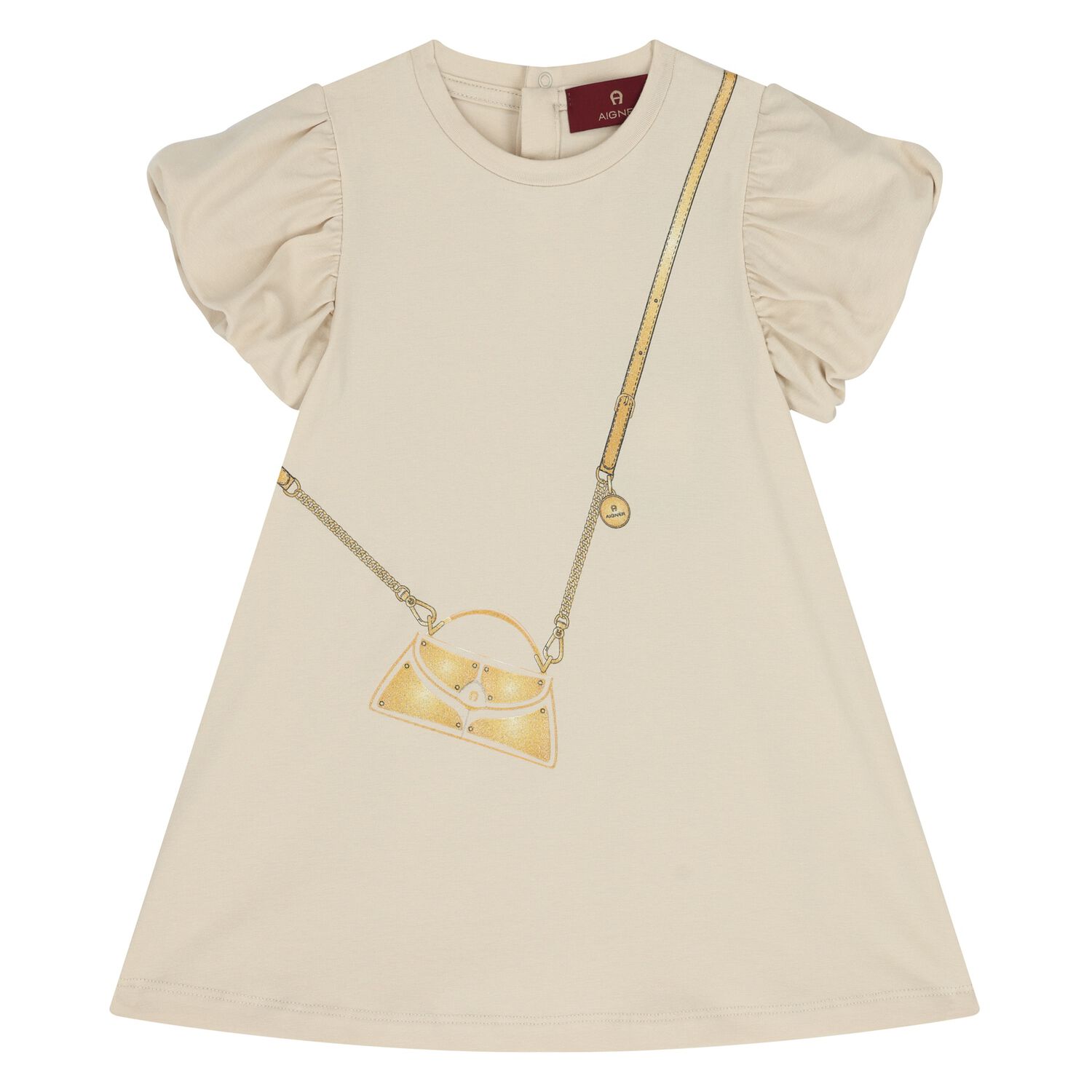 Younger Girls Beige Bag Logo Dress, 1, hi-res