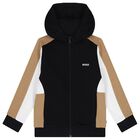 Boys Black, Beige & Ivory Logo Hooded Zip Up Top, 1, hi-res