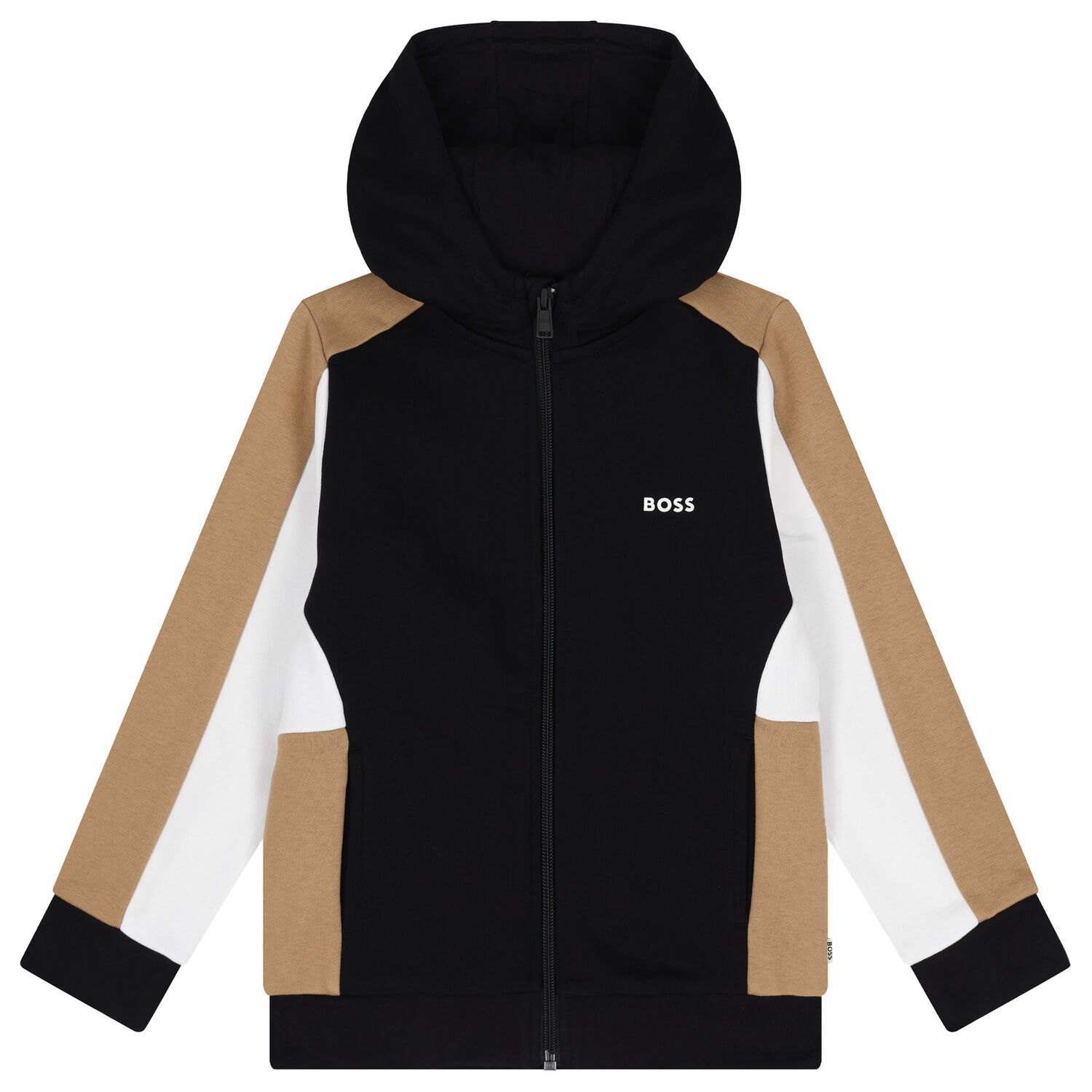 Boys Black, Beige & Ivory Logo Hooded Zip Up Top, 1, hi-res