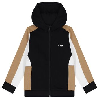 Boys Black, Beige & Ivory Logo Hooded Zip Up Top