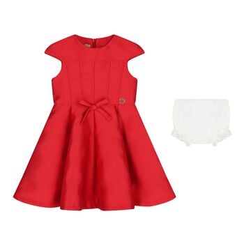Baby Girls Red Satin Jacquard Logo Dress Set