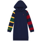 Girls Navy Logo Hooded Dress, 1, hi-res