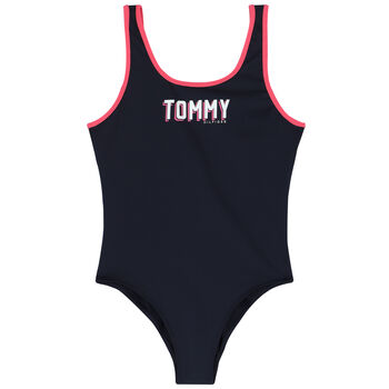 Girls Black & Pink Logo Swimsuit