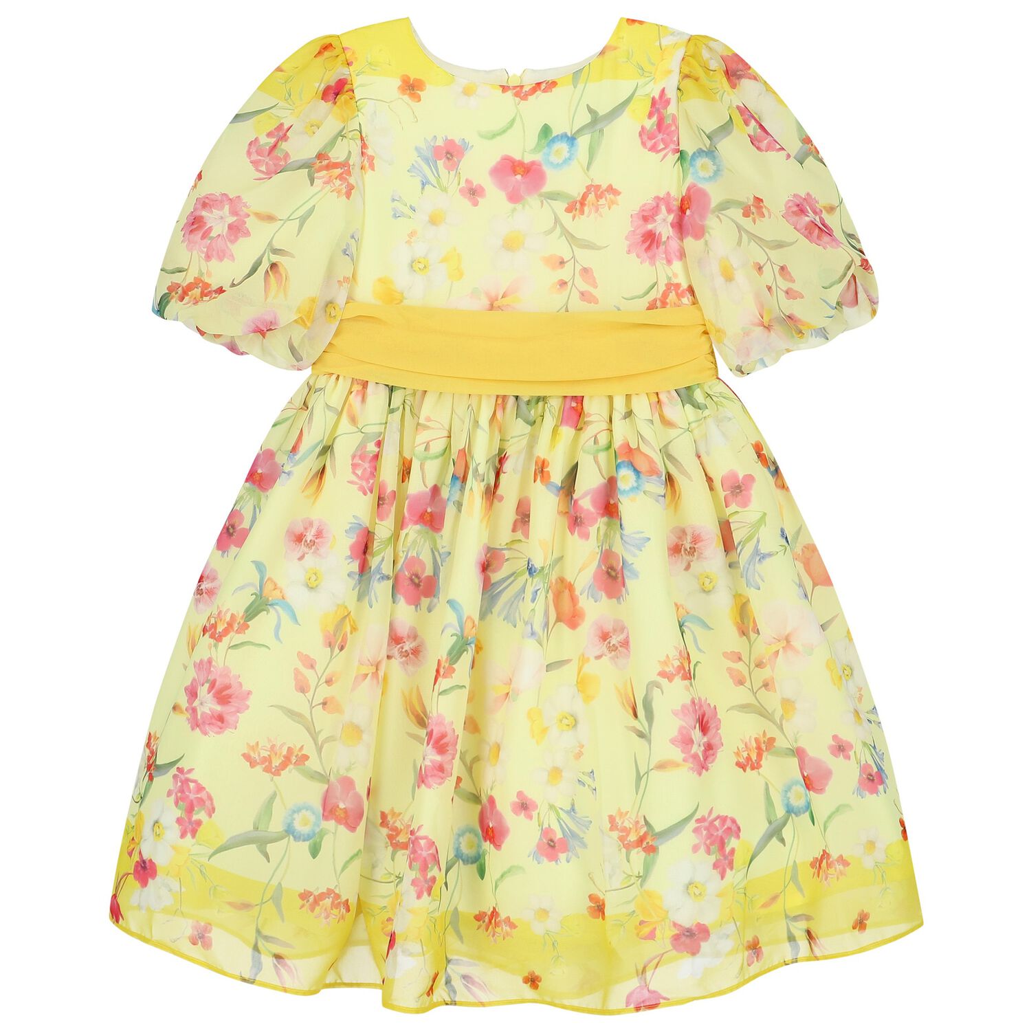 Girls Yellow Floral Chiffon Dress, 3, hi-res