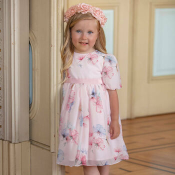 Younger Girls Pink Floral Chiffon Dress