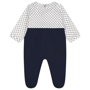 Baby Boys White & Navy Blue Logo Babygrow