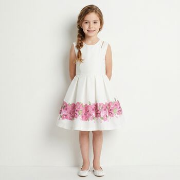 Girls White Floral Pleated Dress 