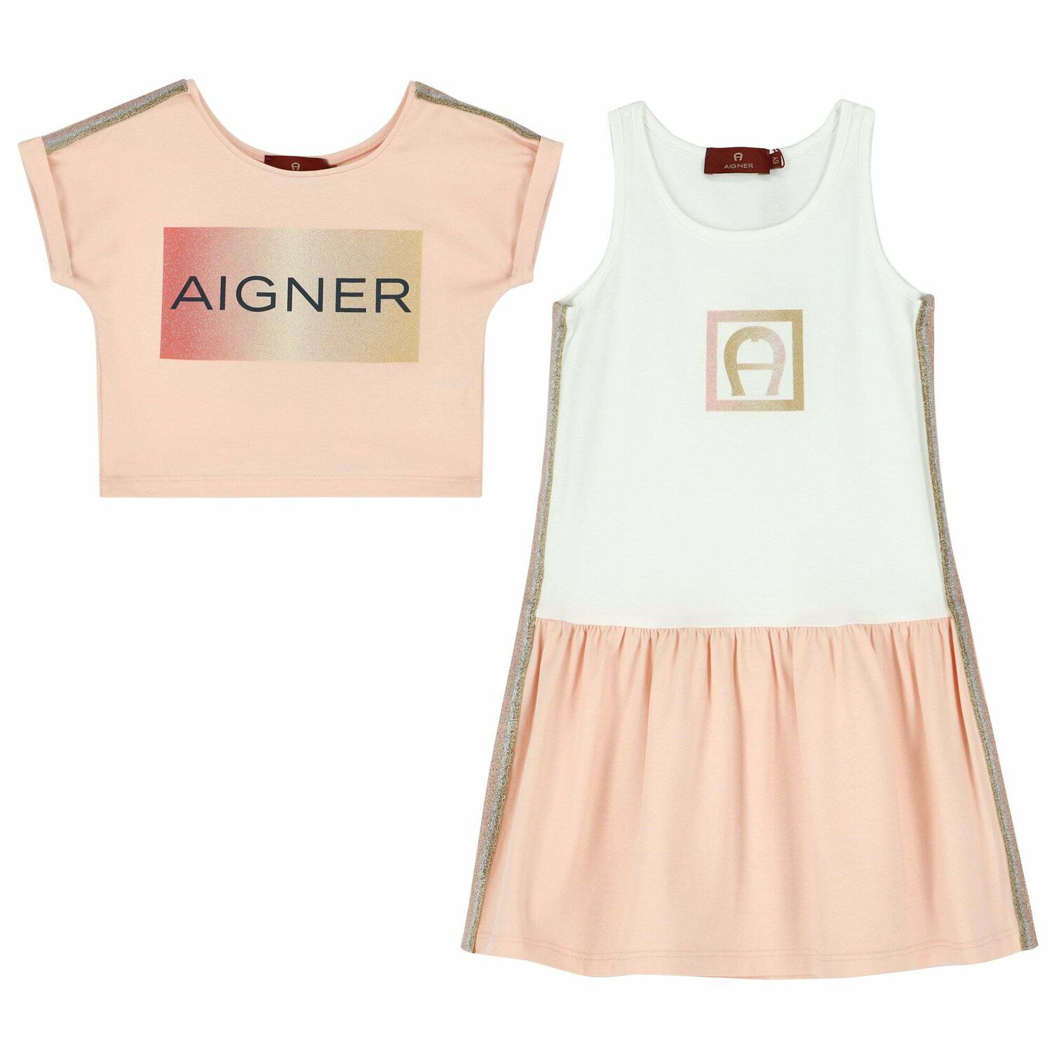 Girls Pink & White 2 Piece Dress Set , 1, hi-res image number null
