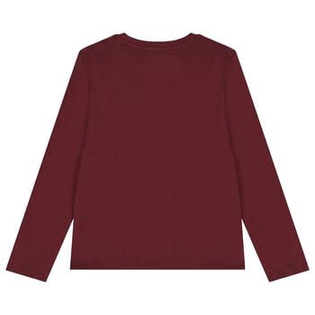 Boys Burgundy Teddy Bear Logo Long Sleeve Top