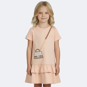 Girls Pink Faux Fur Bag Logo Dress