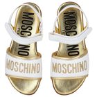 Girls White & Gold Leather Logo Sandals, 1, hi-res