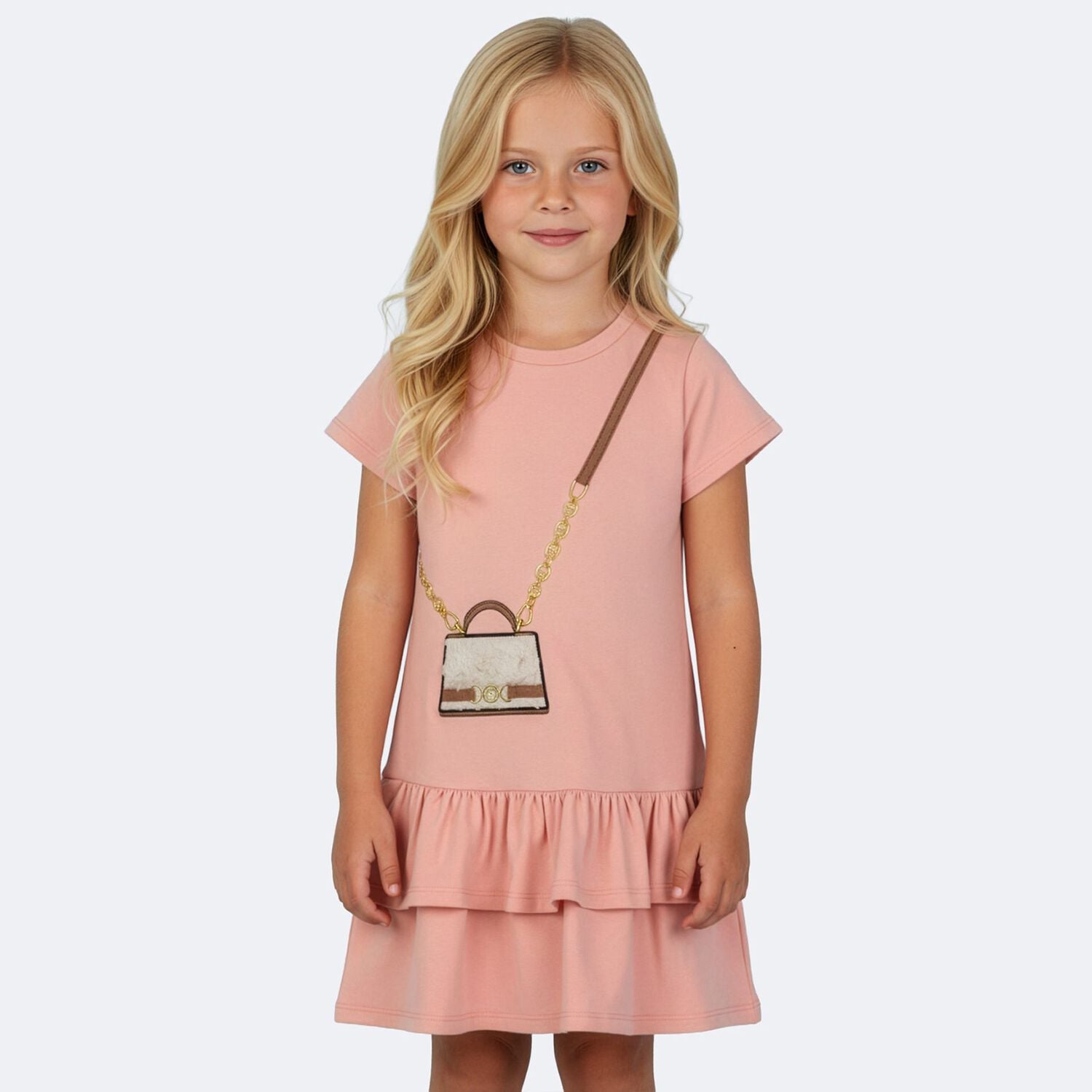 Girls Pink Faux Fur Bag Logo Dress, 3, hi-res