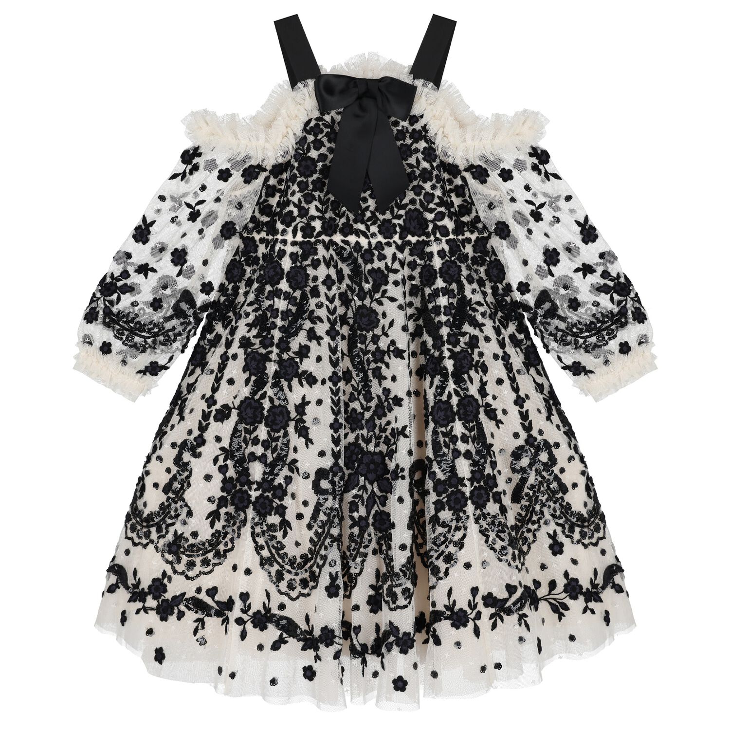 Girls Black & Beige Floral Off-Shoulder Dress, 1, hi-res