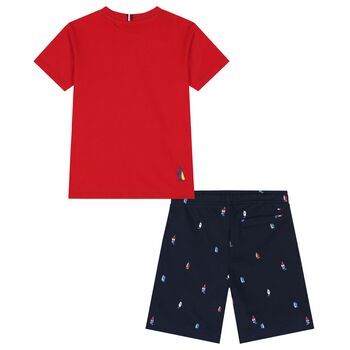 Boys Red & Navy Blue Logo Shorts Set