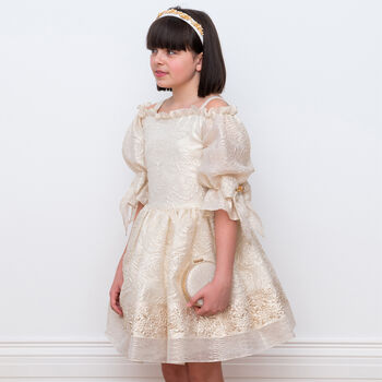 Girls Ivory & Gold Brocade Dress